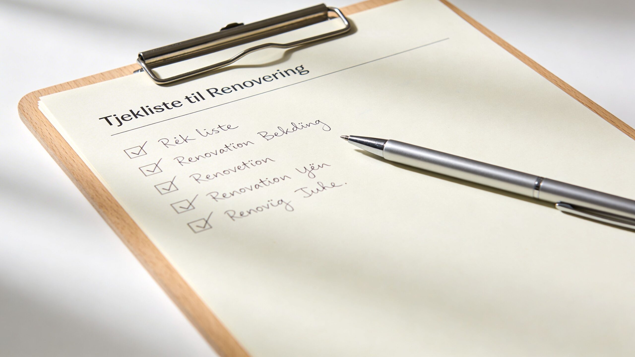 En tjekliste til renovering på et papir med en kuglepen på en træklemme, klar til planlægning af opgaver.