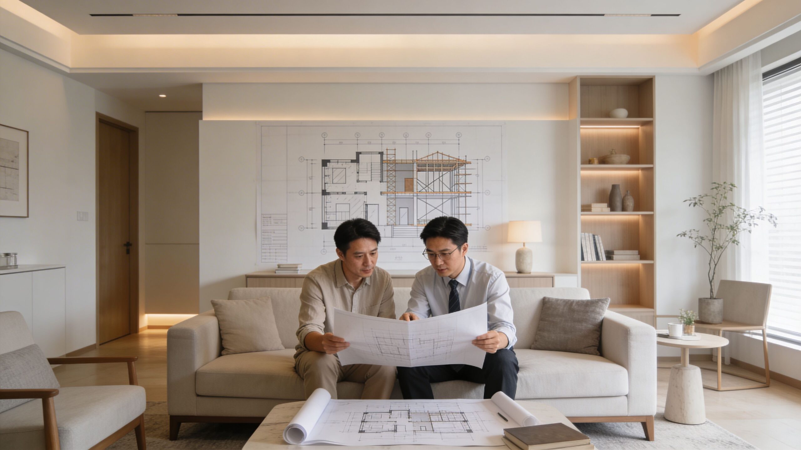 To mænd studerer byggetegninger og arkitektoniske planer i en moderne og lys dagligstue med sofa og reol.