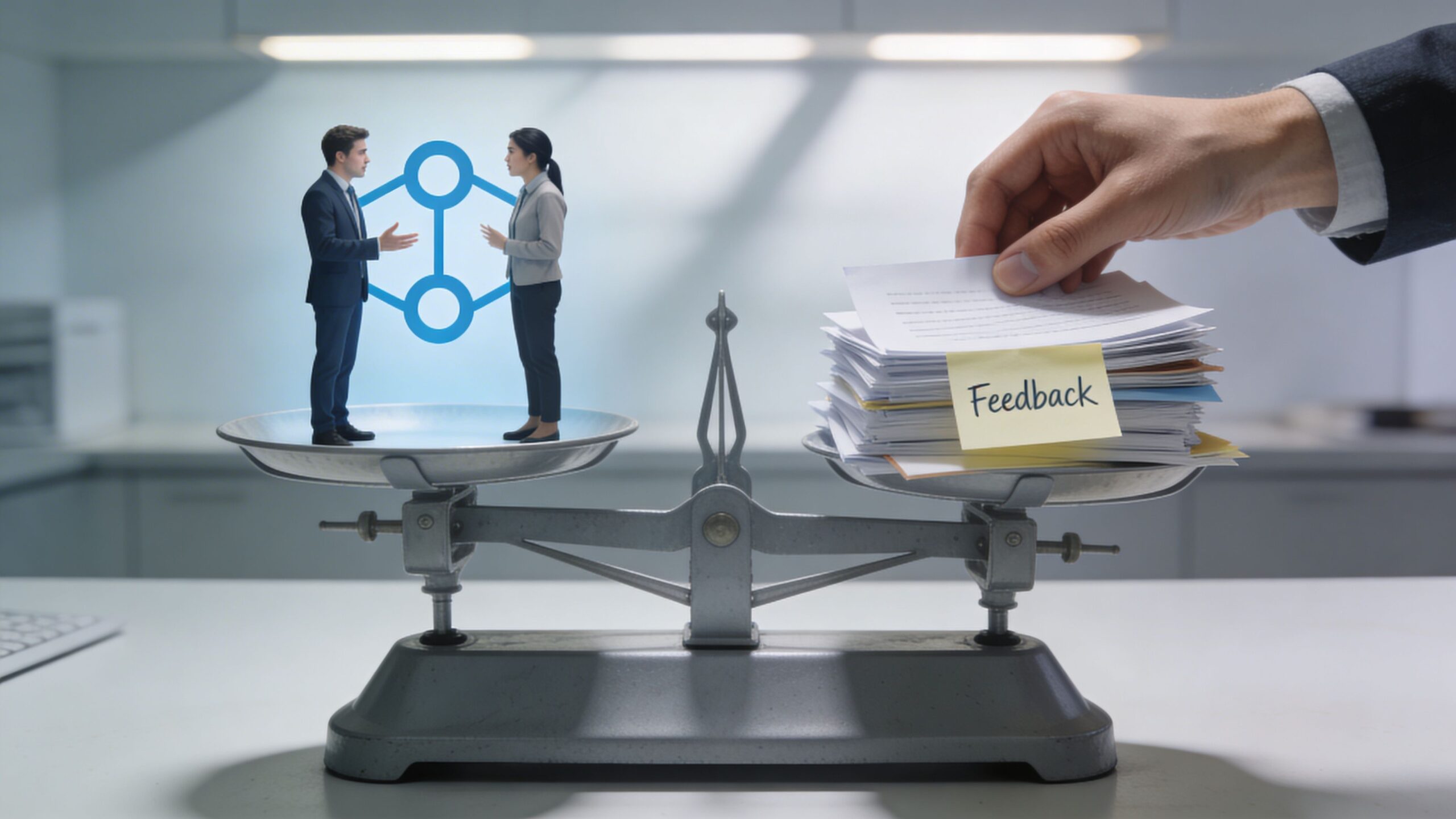 En vægt viser balancen mellem en arbejdende mand og kvinde og en stor bunke papirer markeret feedback.