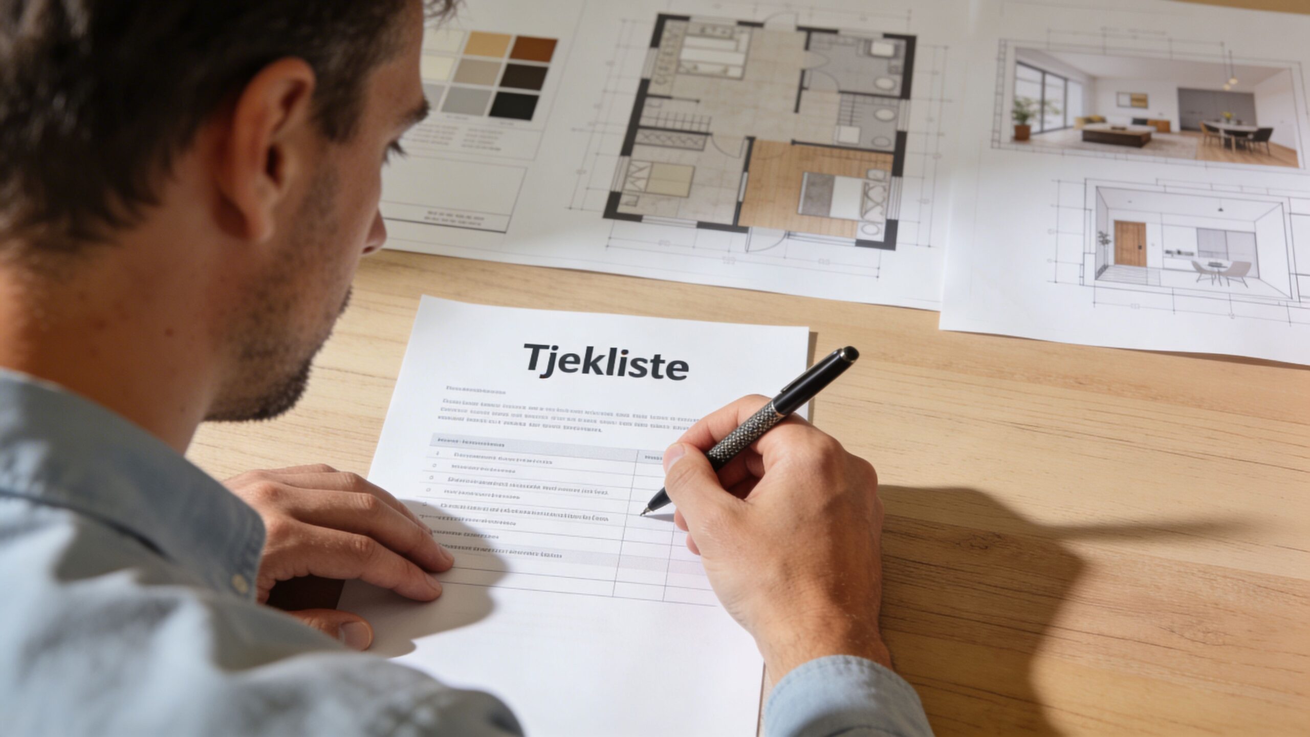 En mand gennemgår en tjekliste med plantegninger og boligindretningsforslag på et træbord i forbindelse med byggeprojekt.