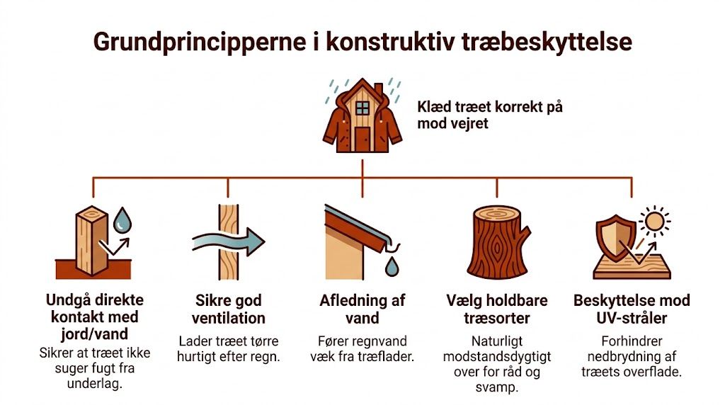 En infografik der viser de fem grundprincipper for effektiv og konstruktiv træbeskyttelse af bygninger og trækonstruktioner.