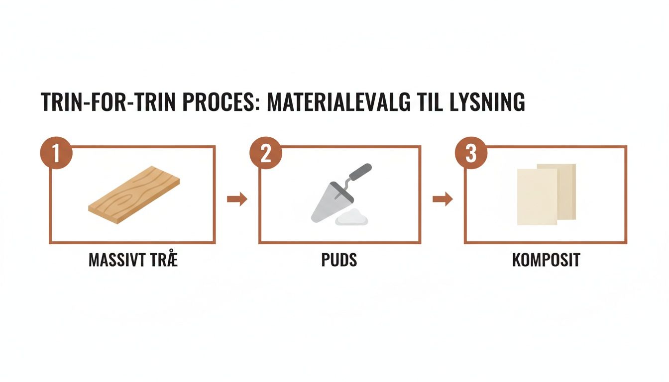 Trin-for-trin proces for materialevalg til vindueslysning, herunder massivt træ, puds og komposit.