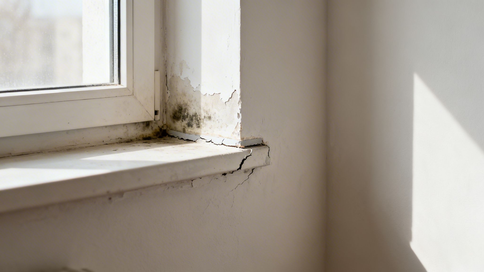 Sort skimmelsvamp og afskallet maling ved vindueskarm og væg viser fugtskader.