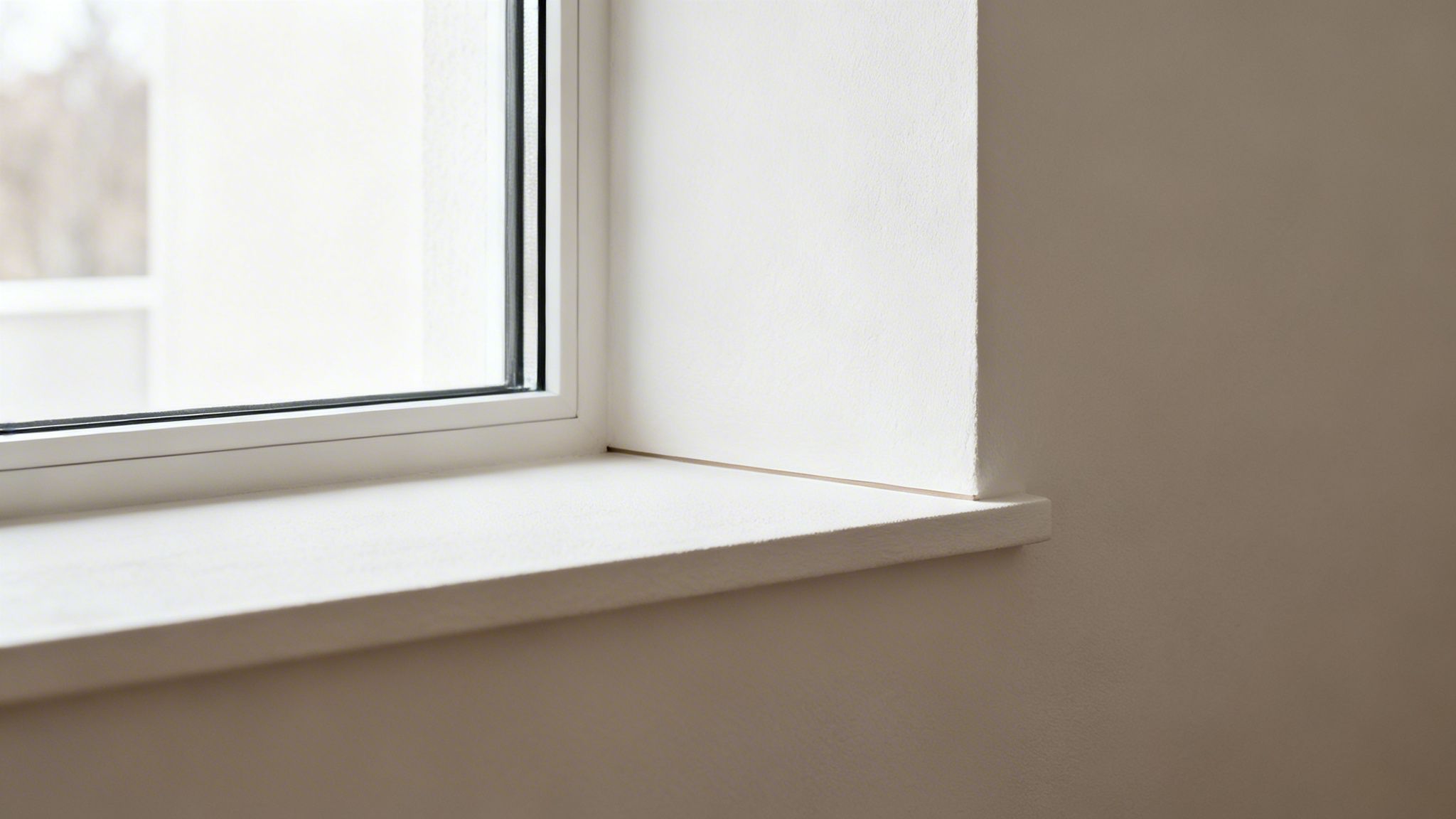 Nærbillede af en moderne, hvid vindueskarm og en del af vinduesrammen, med en lys væg ved siden af.