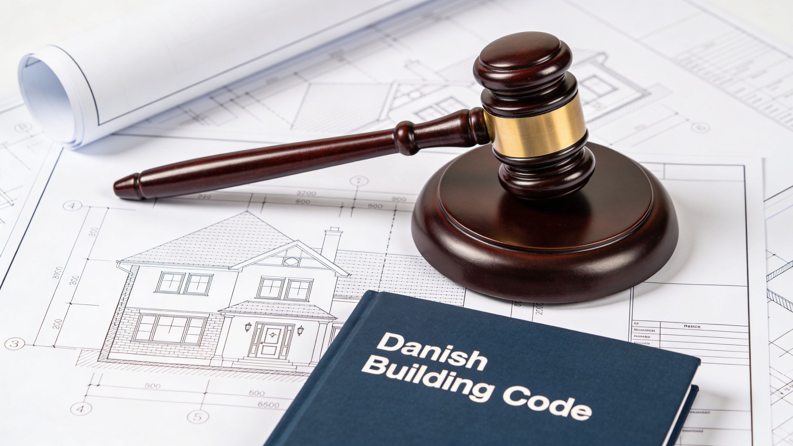 En træhammer placeret oven på arkitekttegninger af et hus sammen med bogen Dansk Bygningsreglement for planlægning.