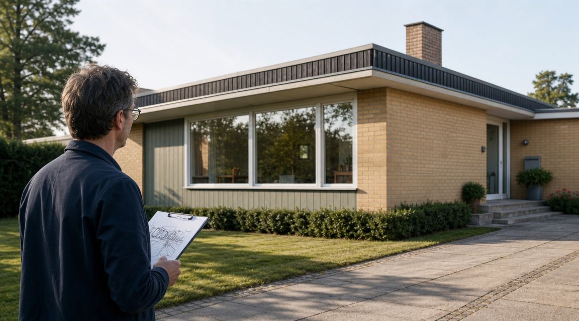 En arkitekt kigger på en skitse af sit 70'er-hus for at planlægge en moderne tilbygning til boligen.