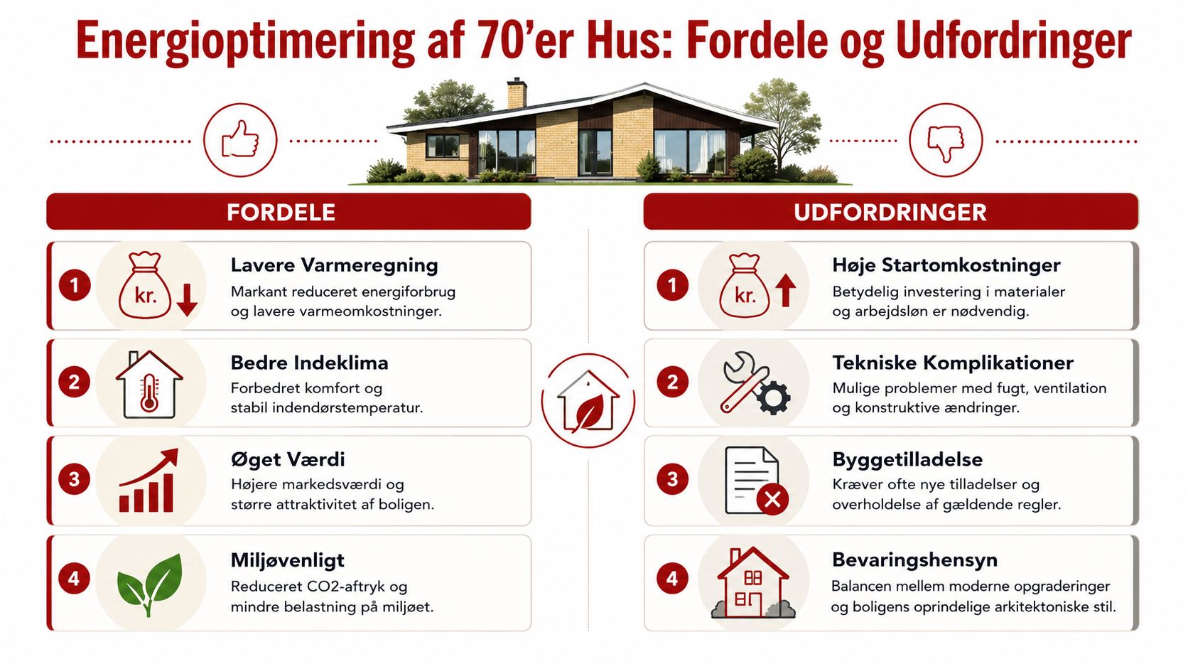 En infografik der viser fordele og udfordringer ved energioptimering af et typisk parcelhus fra 1970'erne.