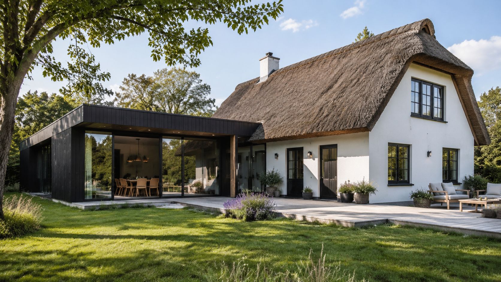 Moderne sort tilbygning til et traditionelt stråtækt hus med en stor træterrasse i en grøn have.
