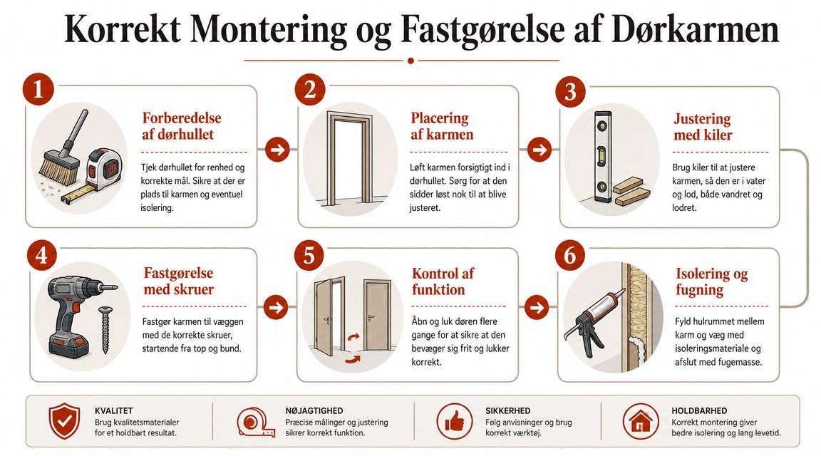 En guide i seks trin til korrekt montering og fastgørelse af dørkarme i et dørhul.
