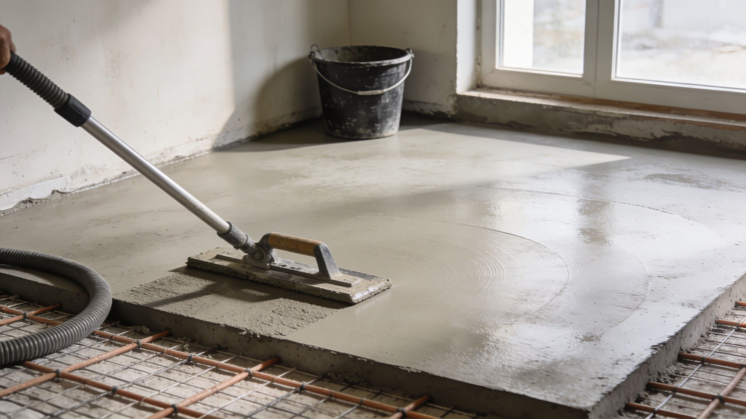 En håndværker glatter nyudlagt beton over et gulvvarmesystem med en professionel pudsemaskine i et rum under renovering.