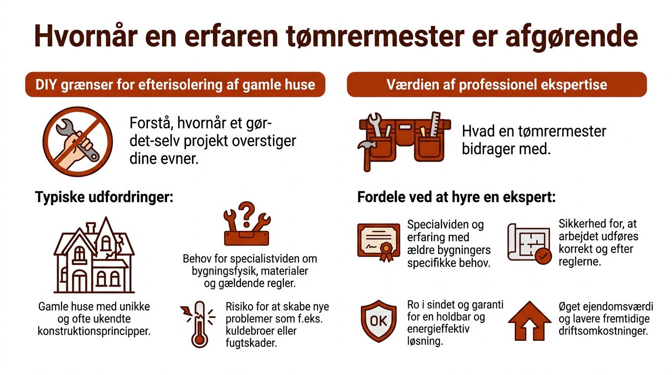 Infografik der viser vigtigheden af at bruge en professionel tømrermester ved efterisolering af gamle huse.