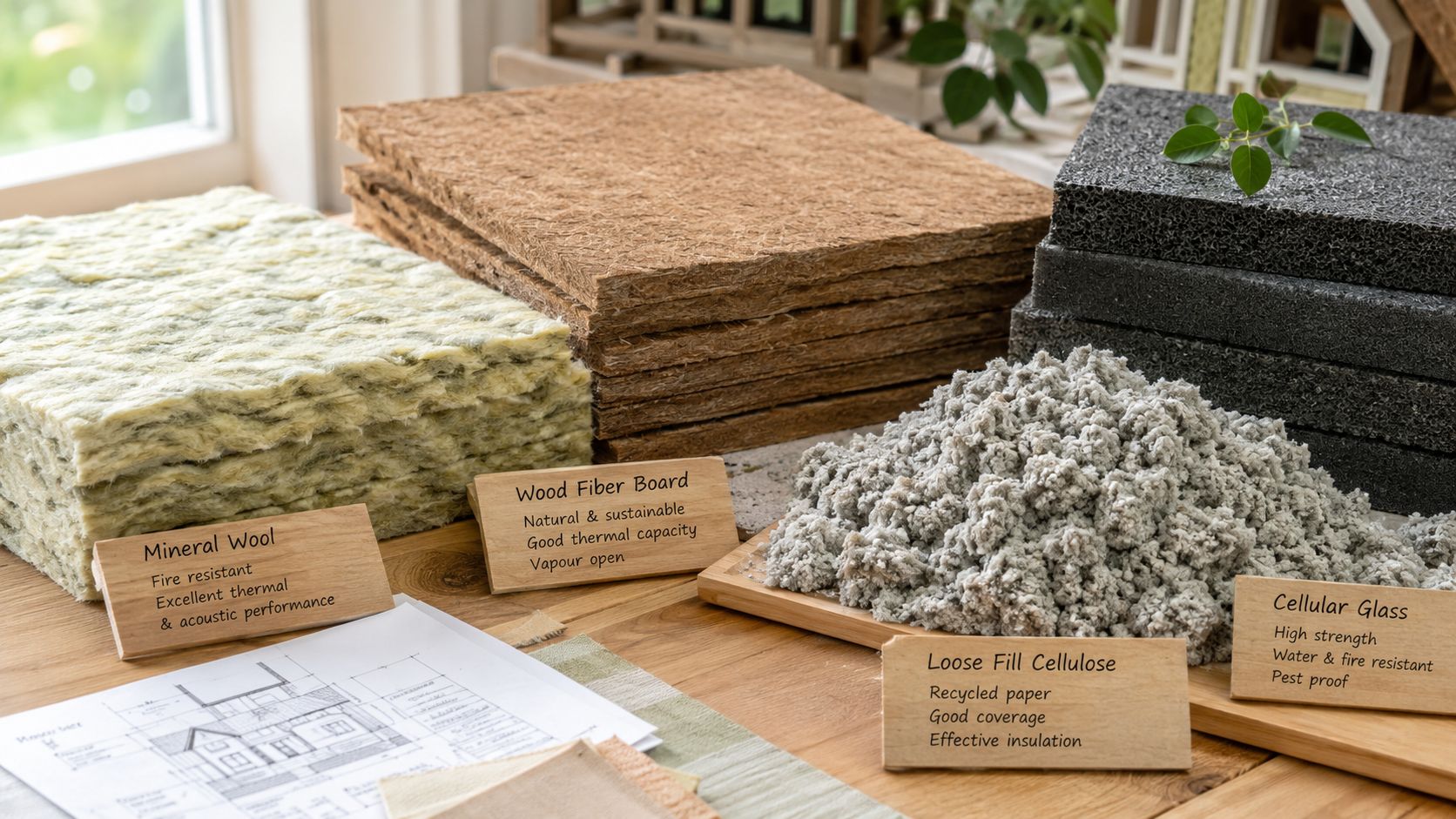 Forskellige typer isoleringsmaterialer som mineraluld, træfiberplader og cellulose placeret på et bord ved siden af plantegninger.