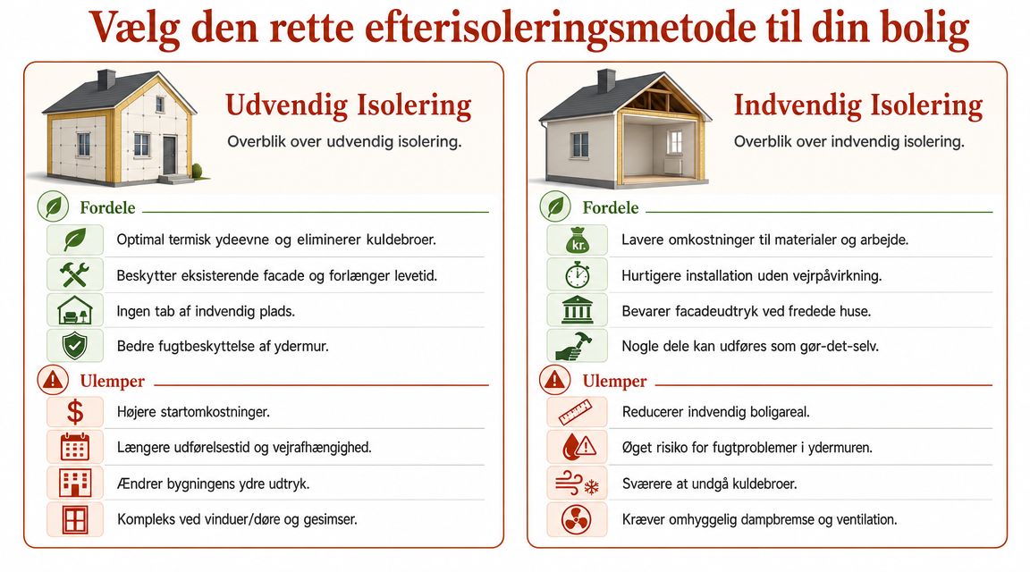 Sammenligning af fordele og ulemper ved udvendig og indvendig efterisolering af huse vist i en infografik.