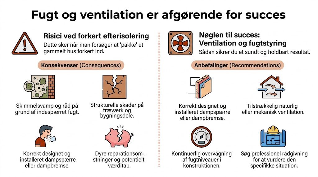 Infografik der viser vigtigheden af fugtstyring og ventilation ved efterisolering af gamle huse for at undgå skader.