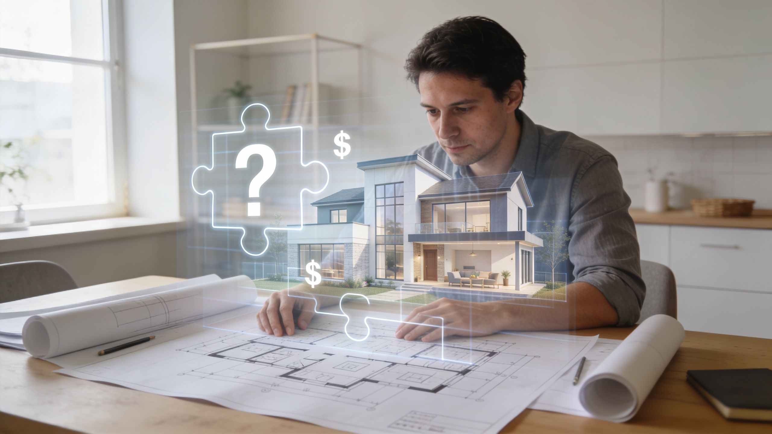 En mand overvejer mulighederne for lån til renovering af hus ved at se på en 3D-model.