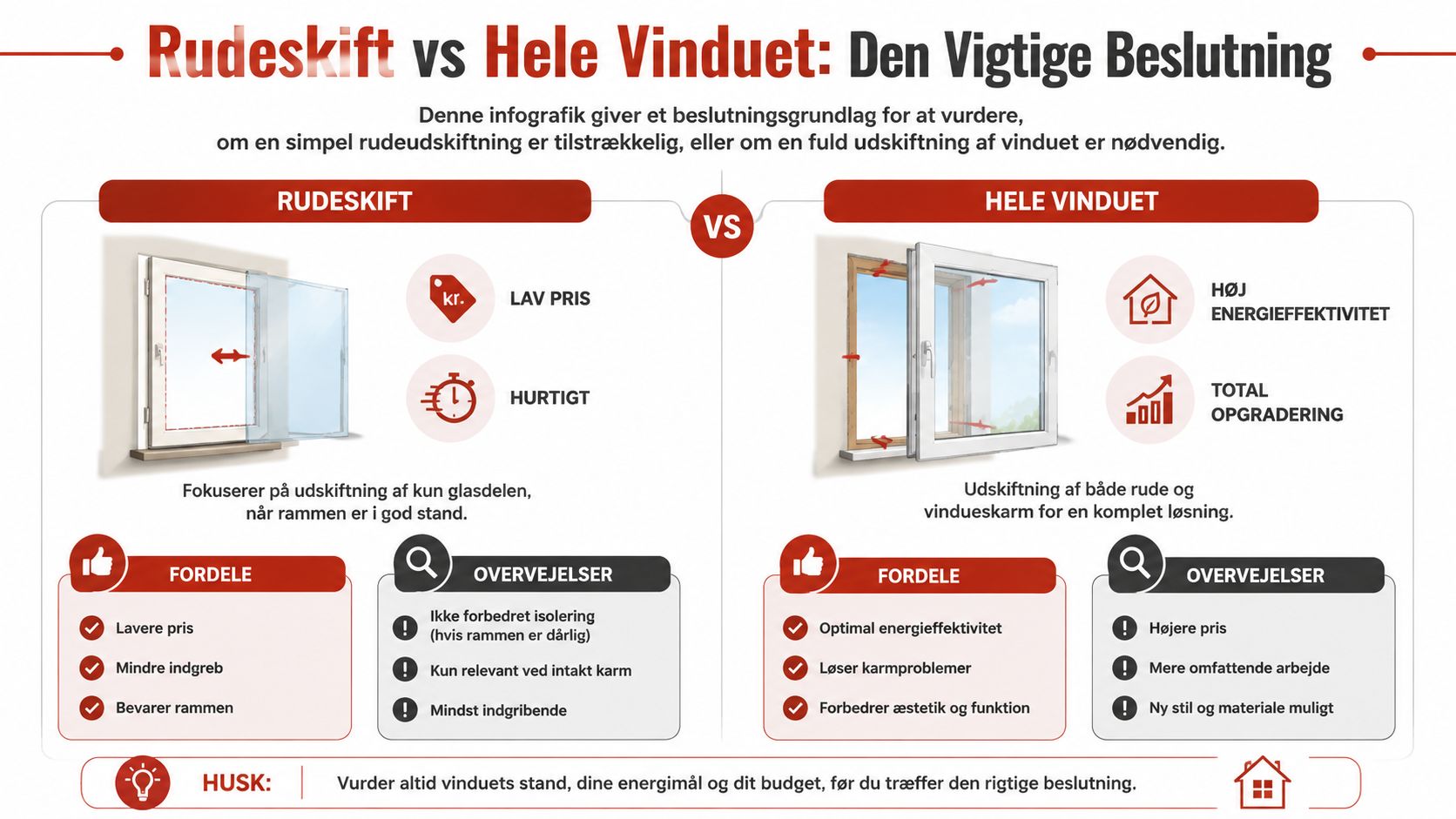 En infografik der sammenligner fordele og overvejelser ved rudeskift versus udskiftning af hele vinduet.