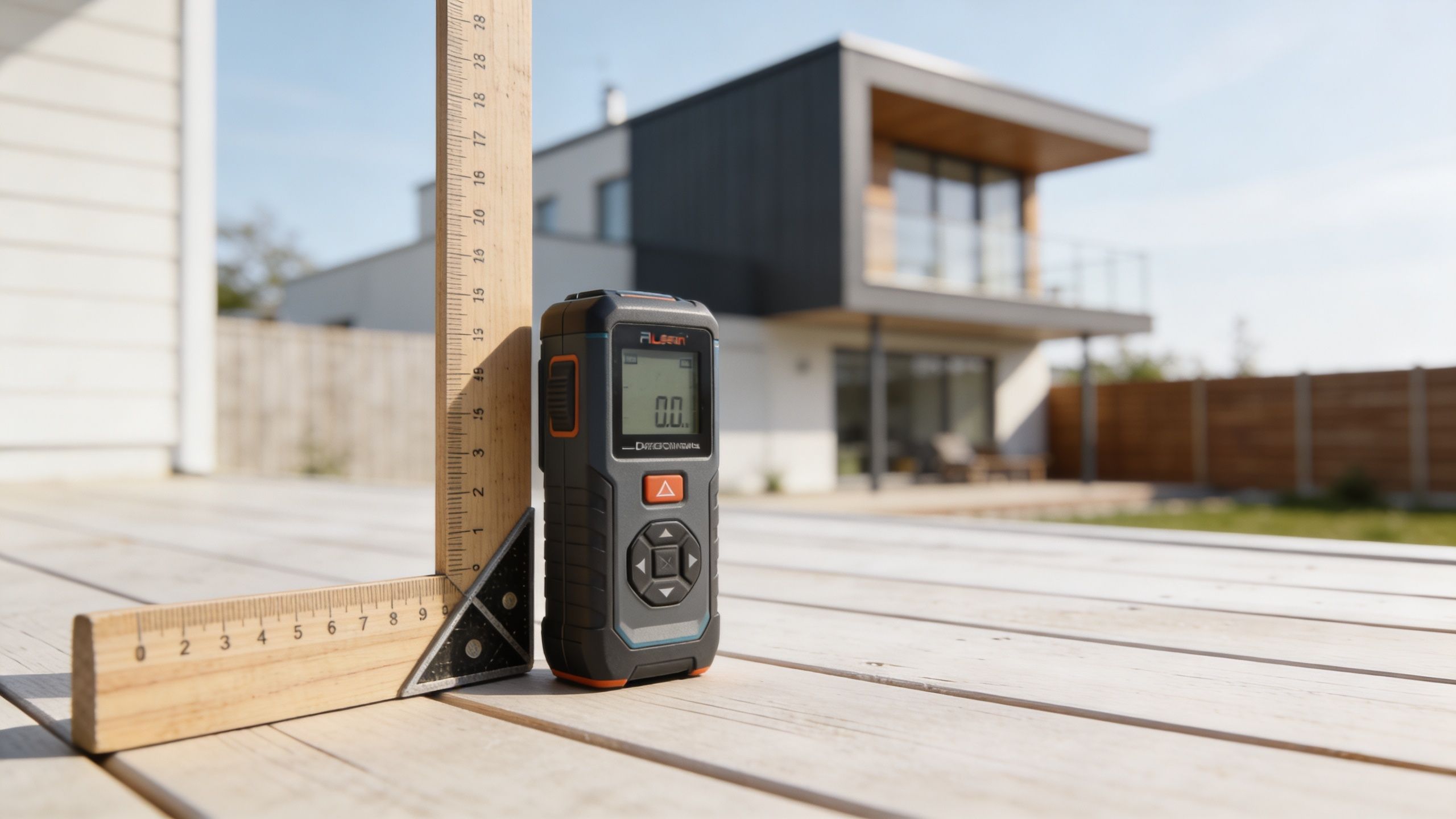 En laserafstandsmåler og en vinkelmåler placeret på en træterrasse foran et moderne arkitekttegnet hus.