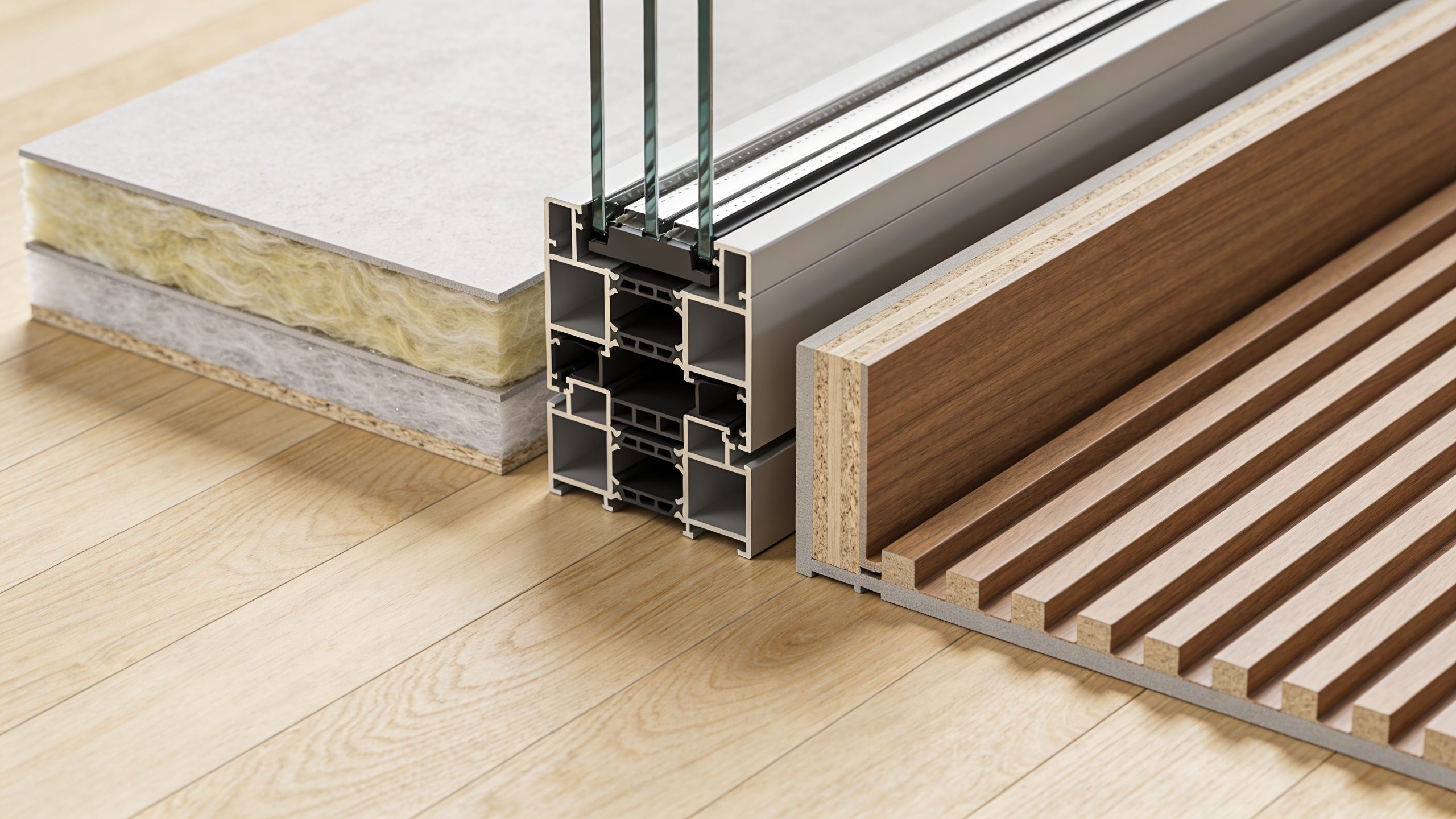 Tværsnit af moderne vinduesprofiler og isoleringsmaterialer til en grundig og energieffektiv renovering af et 70'er hus.