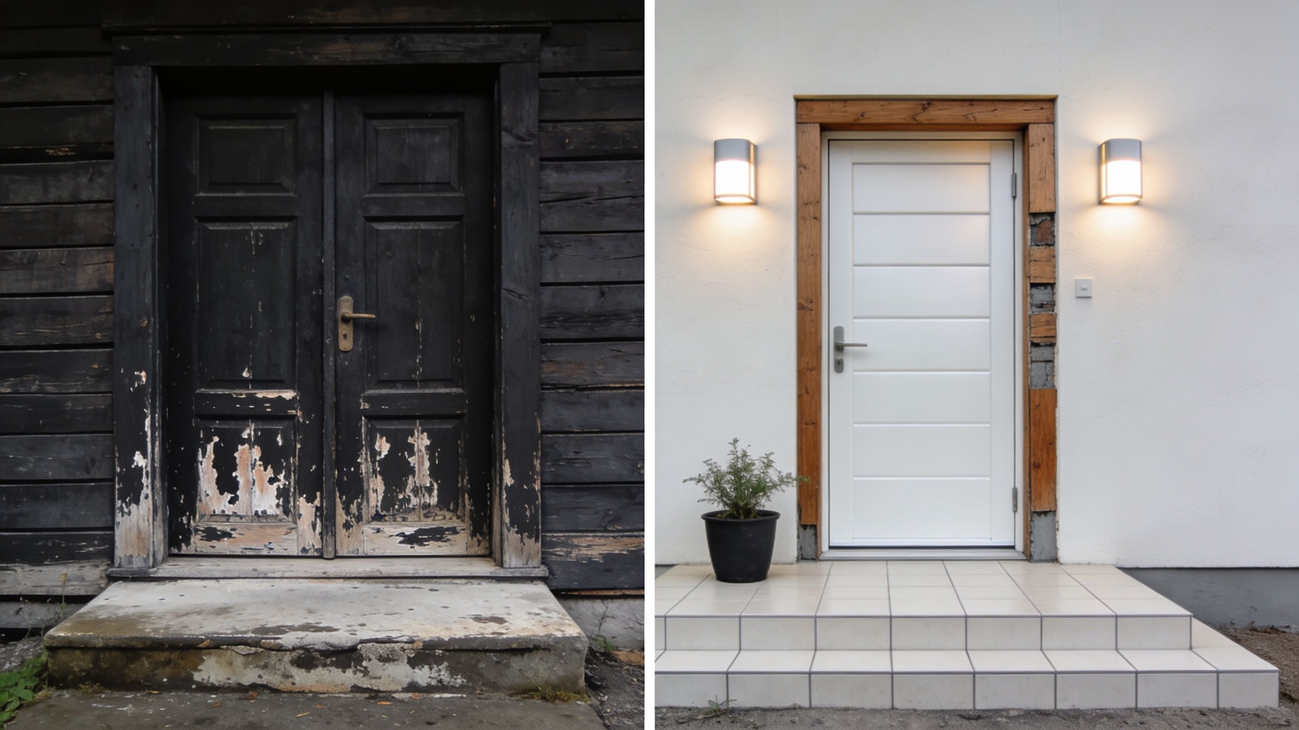 Sammenligning af en gammel, slidt hoveddør og en moderne, renoveret dørindgang på et hvidpudset hus.
