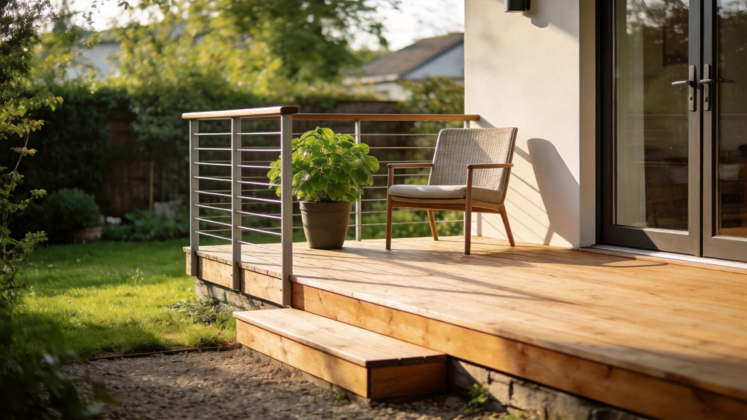 En moderne terrasse af træ med en stilfuld stol og en potteplante ved et flot hus.