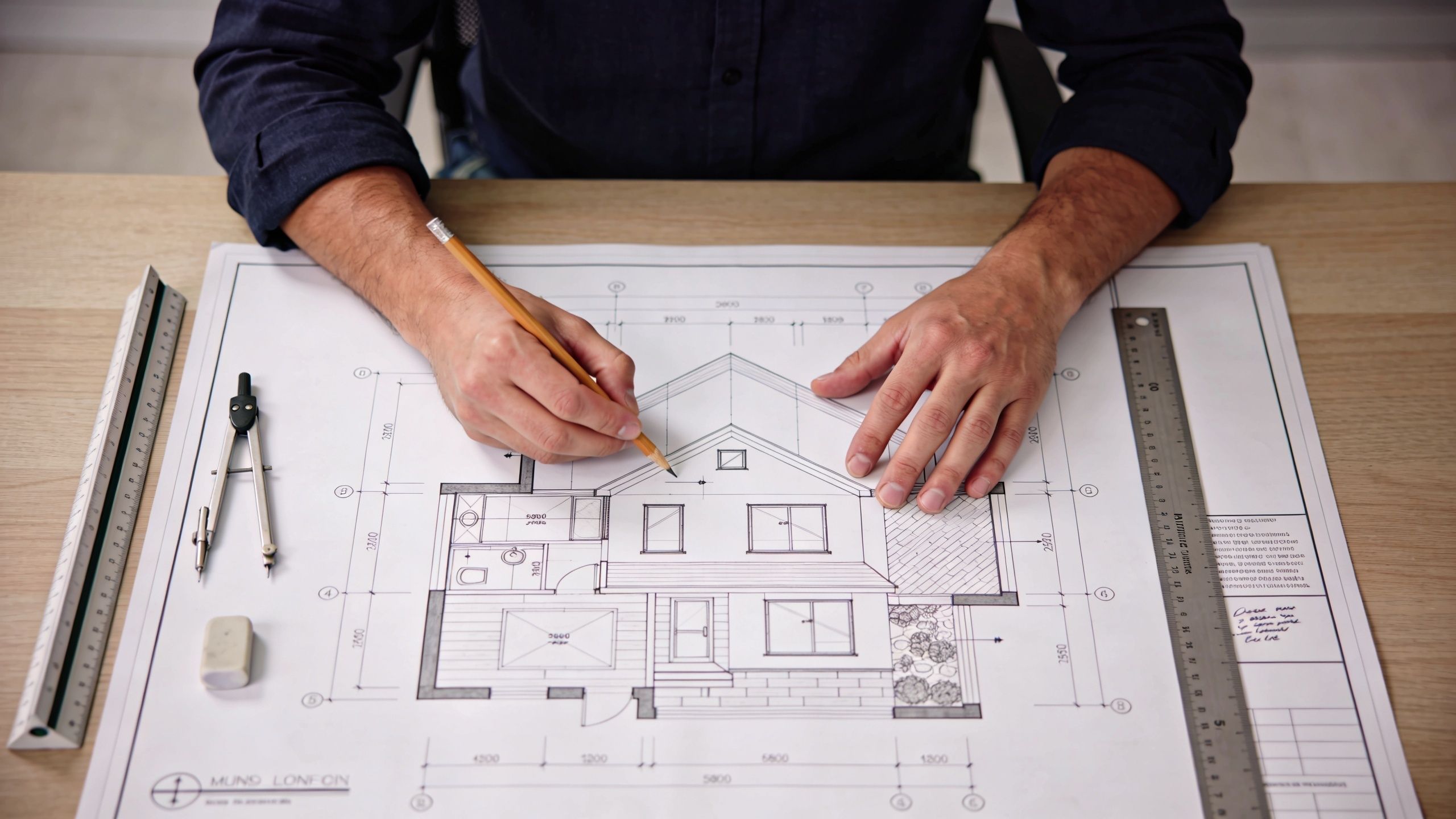 En arkitekt tegner en detaljeret plantegning af et hus med en blyant ved et træbord.