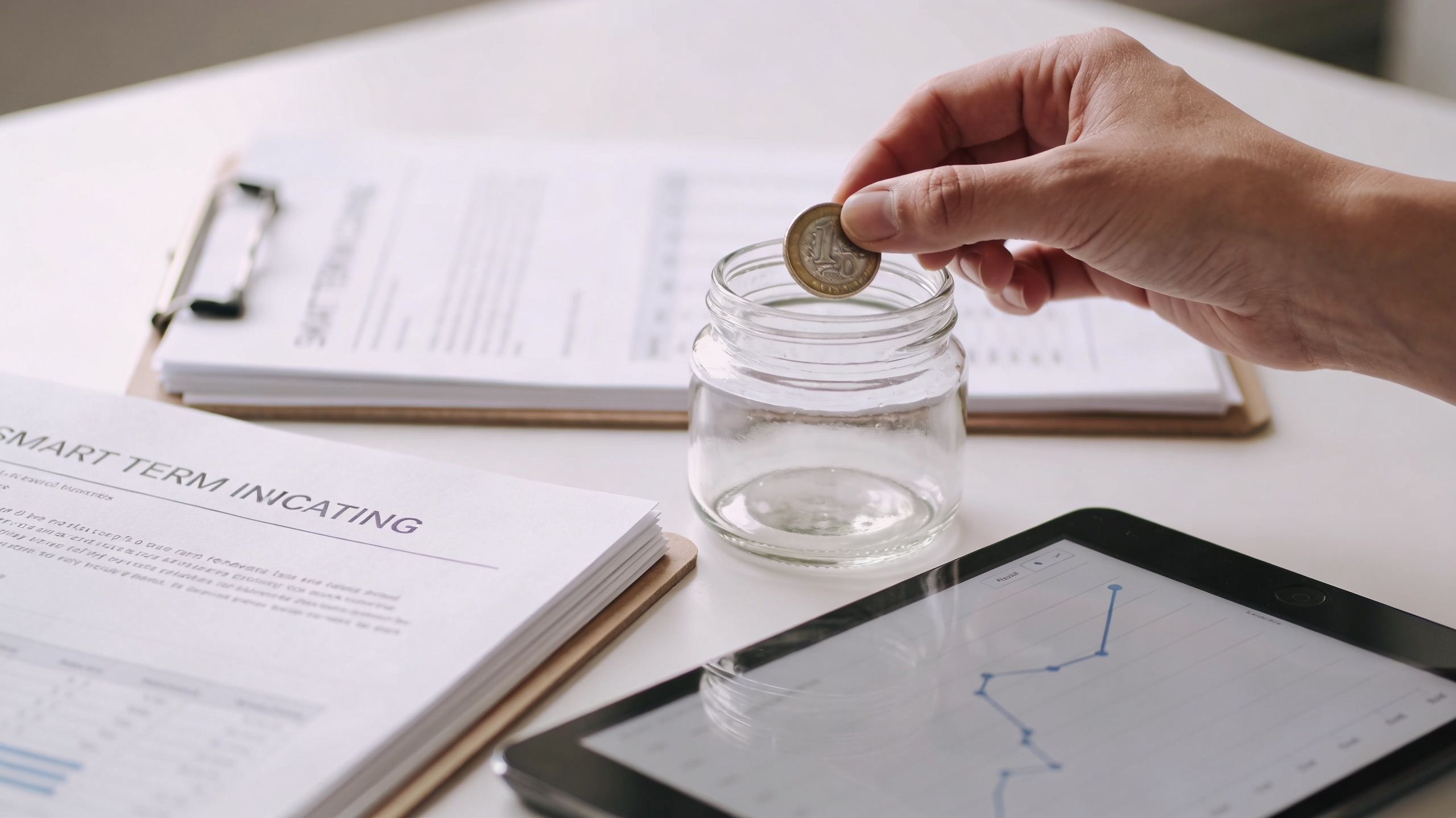 En person placerer en mønt i et glaskrukke ved siden af finansielle dokumenter og en tablet.
