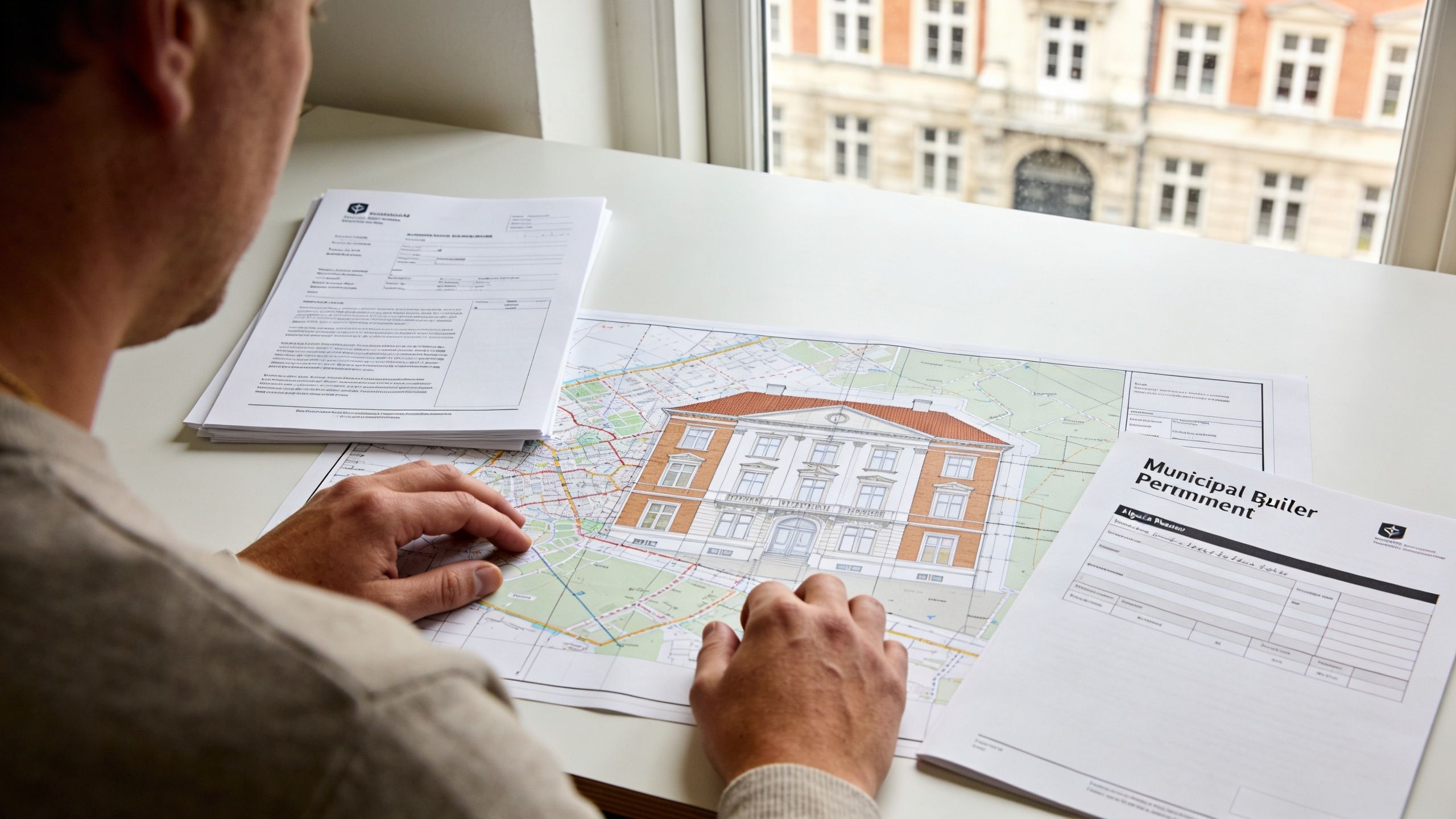 En mand gennemgår byggeplaner og kommunale tilladelser til renovering af et historisk hus på sit kontor.