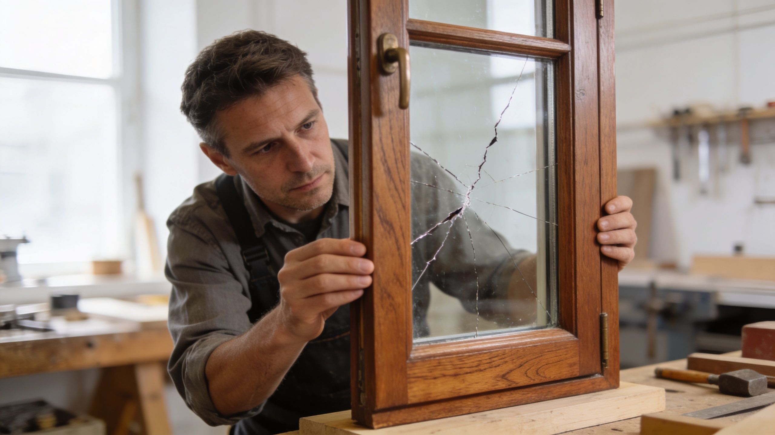 En snedker inspicerer et vindue med knust glas i sit værksted, mens han forbereder reparationen af ruden.