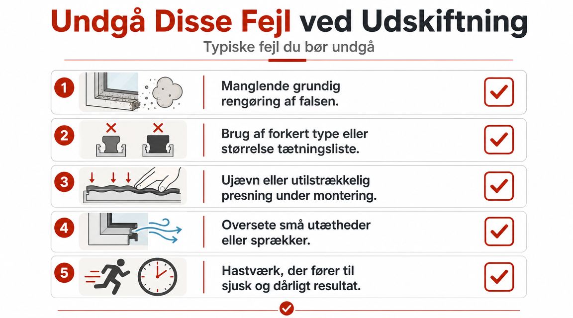 En infografik der viser fem typiske fejl man bør undgå ved udskiftning af tætningslister til vinduer.
