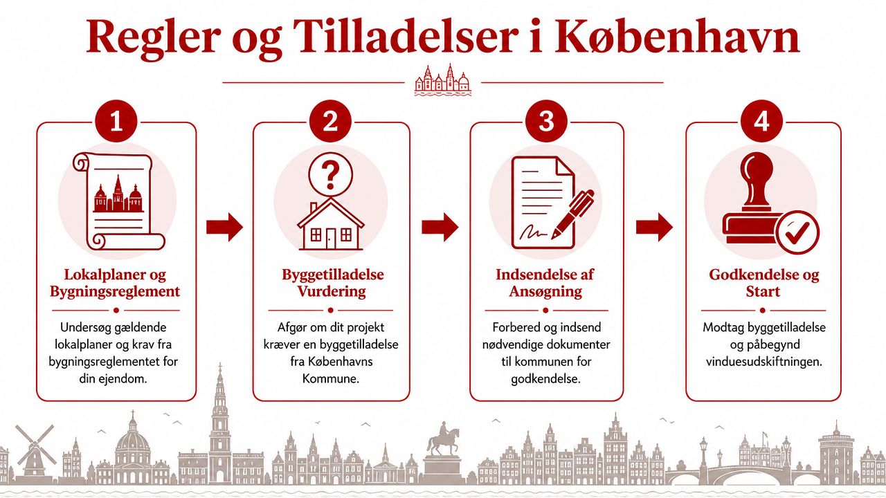 En infografik der viser de fire trin til at få tilladelse til vinduesudskiftning i Københavns Kommune.