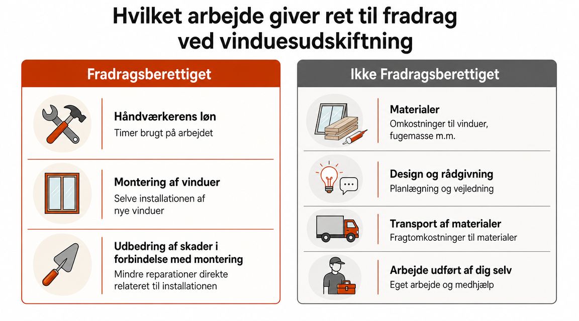 Infografik der viser hvilke udgifter til vinduesudskiftning, der giver ret til håndværkerfradrag, og hvilke der ikke gør.