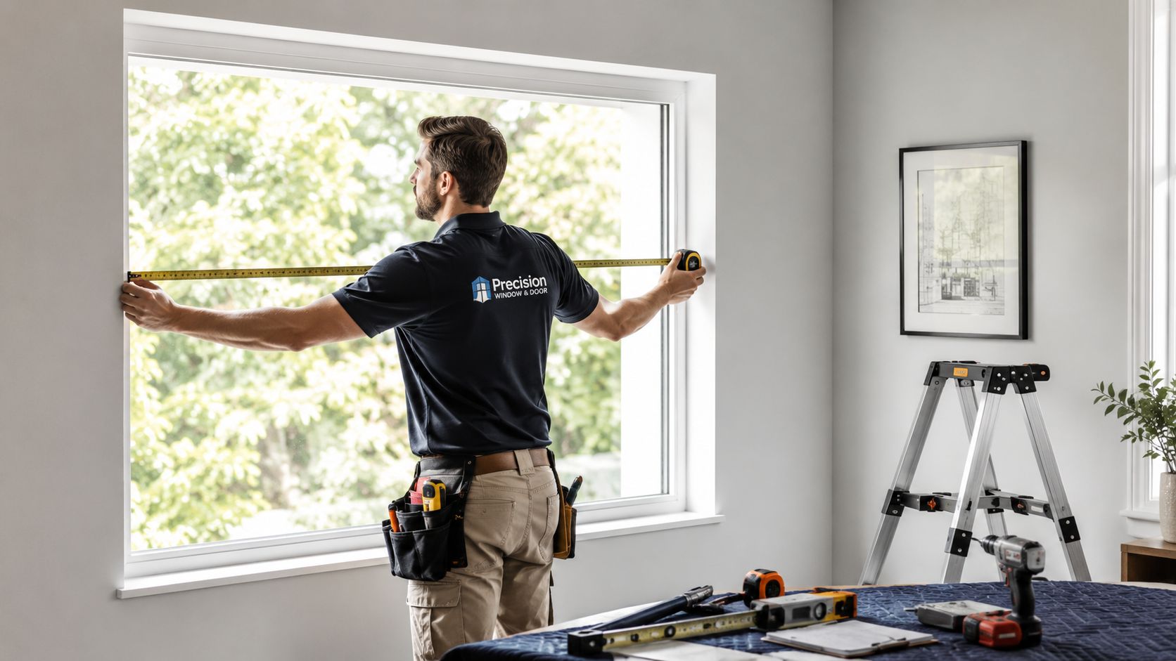 En professionel håndværker fra Precision Window & Door måler et vindue op til en forestående udskiftning.