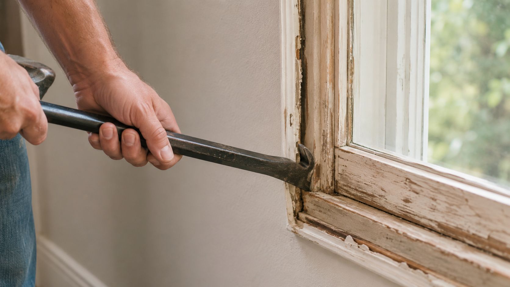 En person bruger et koben til at fjerne gammelt træværk omkring en vinduesramme under en gør-det-selv renovering.