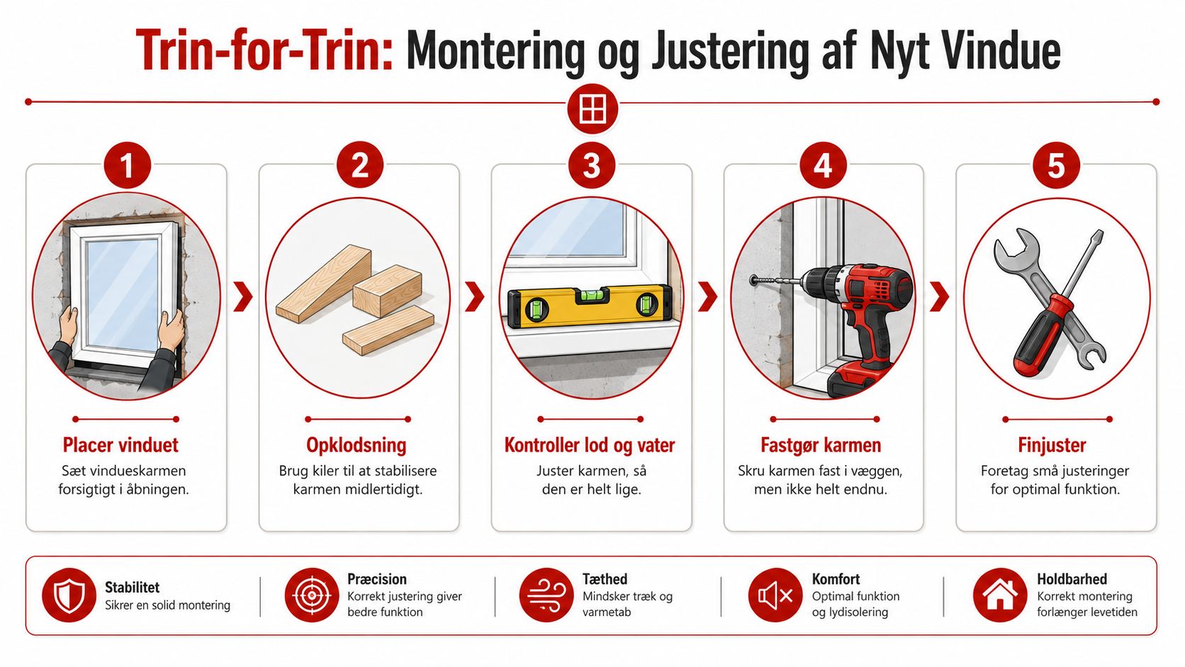 Trin-for-trin guide til korrekt montering og justering af et nyt vindue i en bolig.