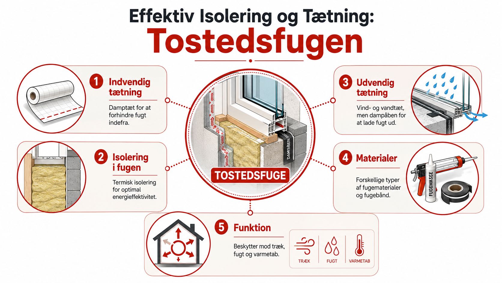Illustration af korrekt isolering og tætning ved montering af vinduer med en professionel tostedsfuge metode.