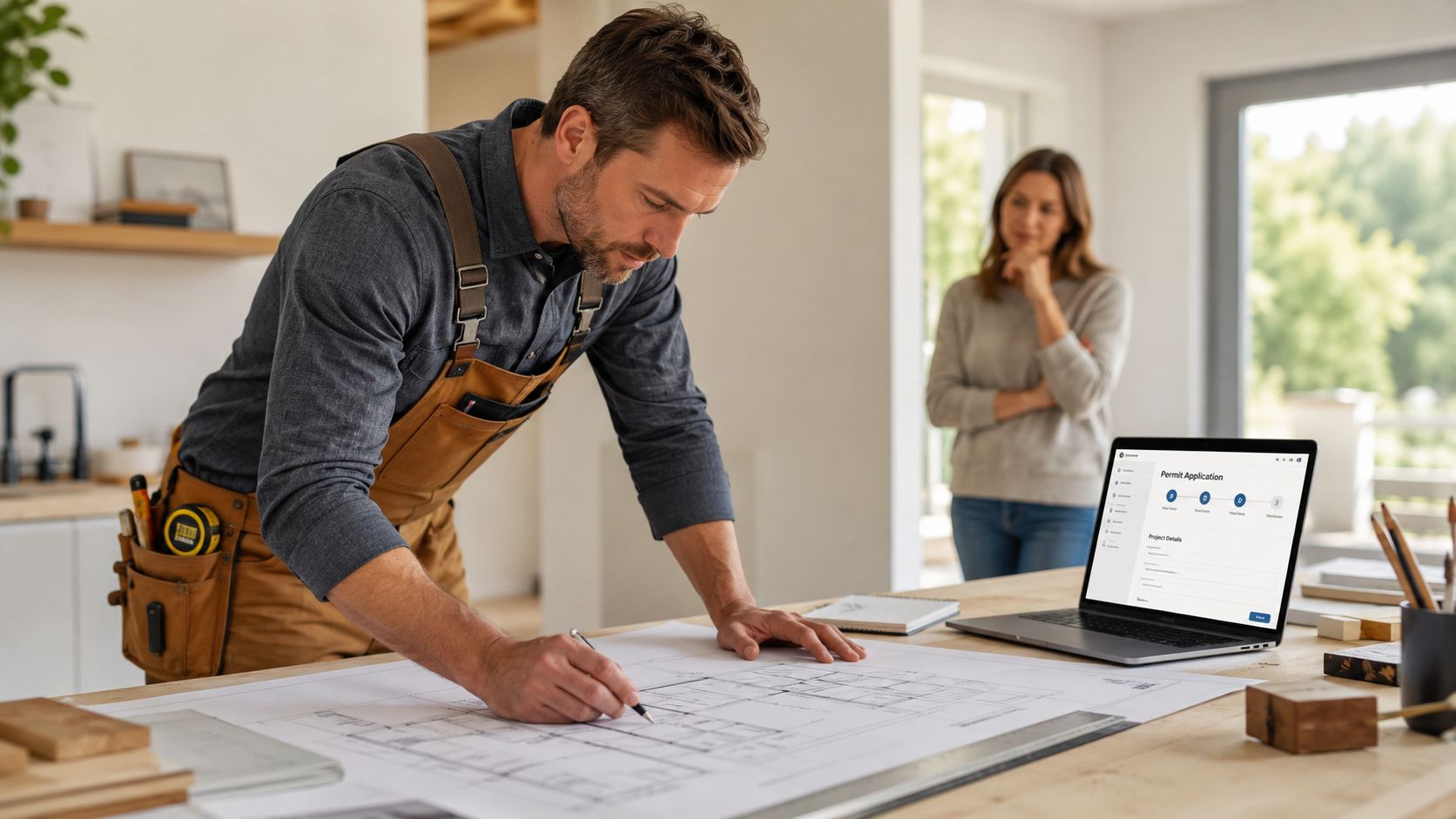 En professionel håndværker tegner på arkitekttegninger ved et bord, mens en kunde ser til i baggrunden.