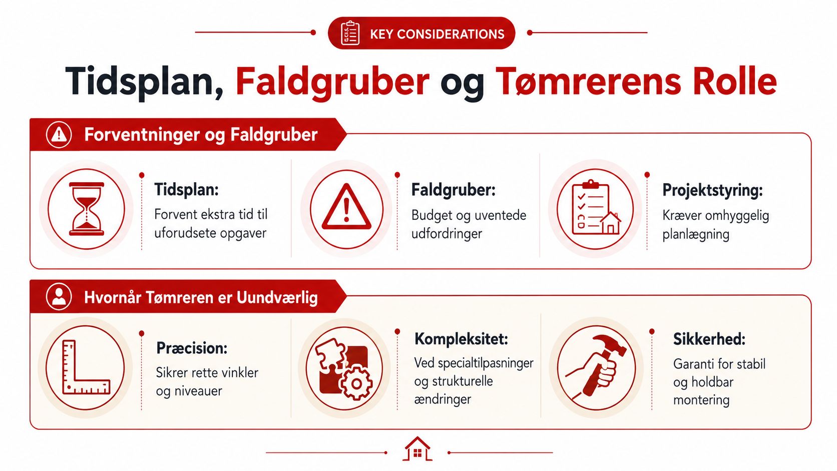 En infografik om vigtige overvejelser ved køkkenmontering, herunder tidsplan, potentielle faldgruber og tømrerens rolle.