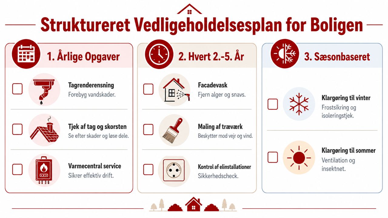 En struktureret vedligeholdelsesplan for boligen med tjeklister for årlige, periodiske og sæsonbaserede opgaver.