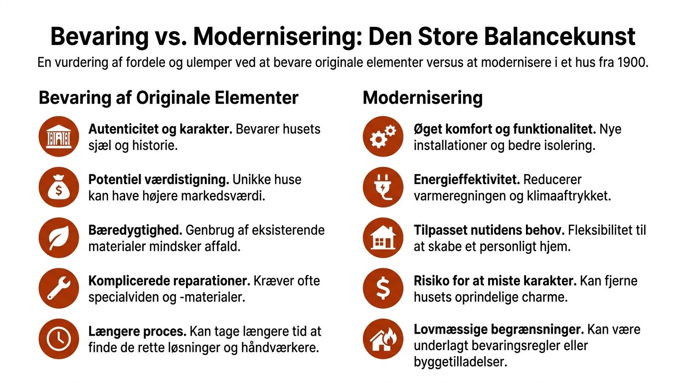 En infografik der sammenligner fordele og ulemper ved at bevare originale elementer versus modernisering af huse fra 1900.