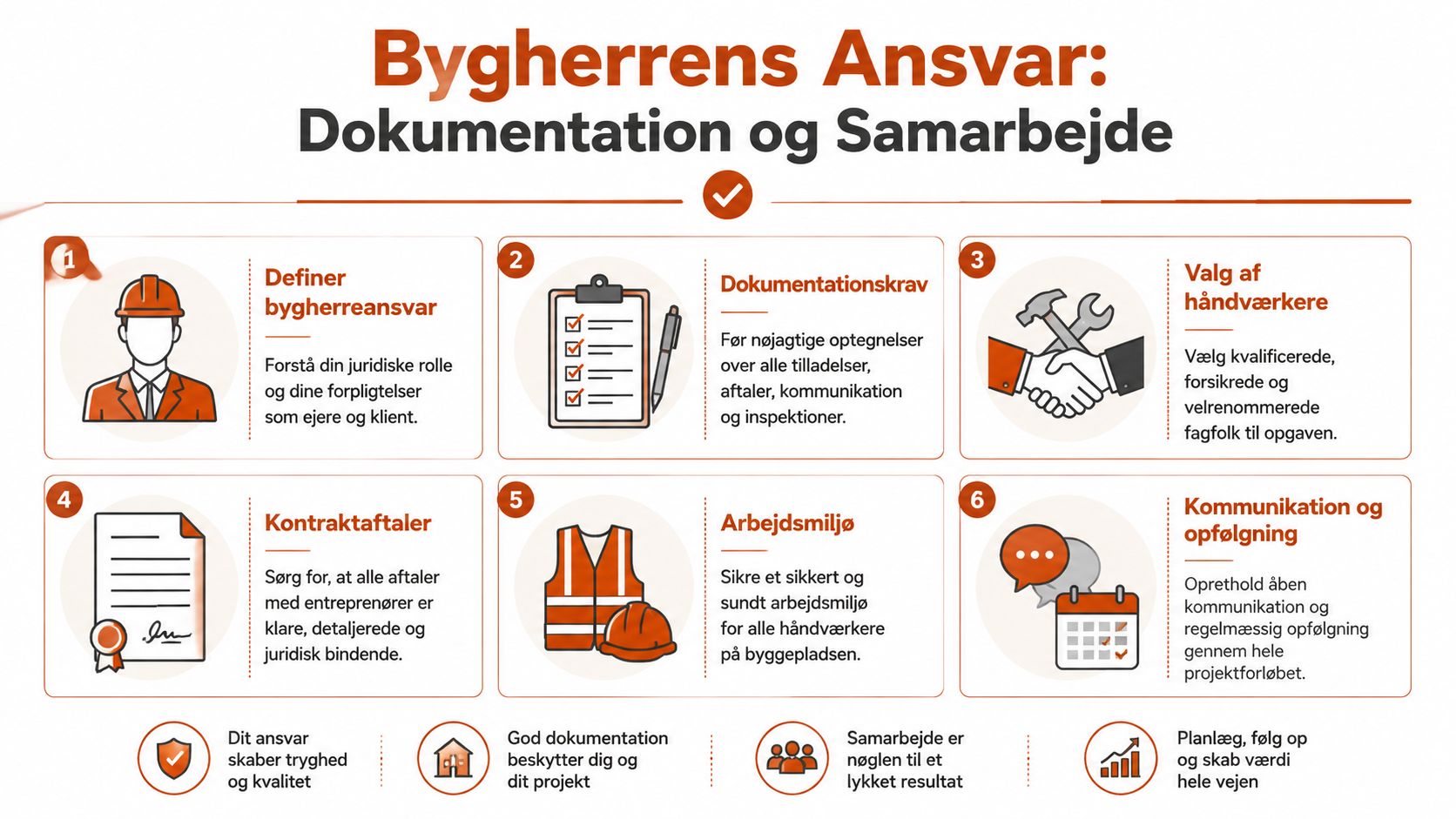 En infografik der viser bygherrens ansvar ved renovering, herunder dokumentation, kontrakter, arbejdsmiljø og løbende samarbejde.