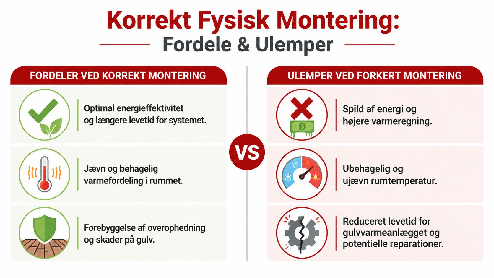 En infografik der sammenligner fordele ved korrekt gulvvarme montering mod ulemperne ved en forkert montering.