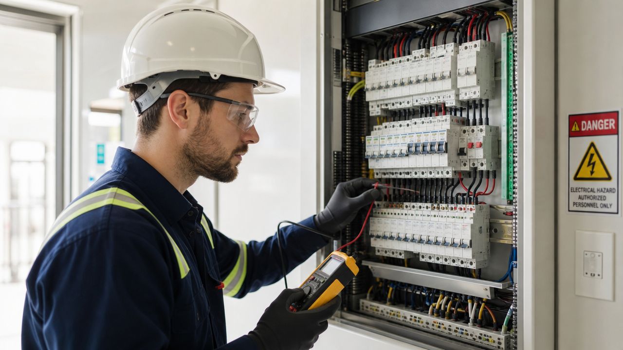 En elektriker i beskyttelsesudstyr måler spænding i et elektrisk tavleanlæg med et multimeter under vedligeholdelse.