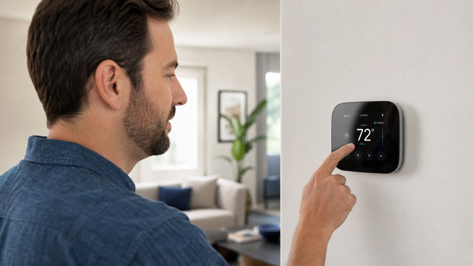 En mand justerer temperaturen på en moderne, sort smart termostat, der er monteret på en hvid væg.