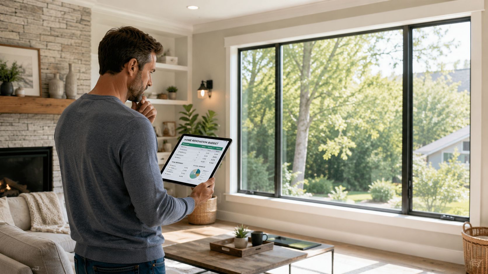 En mand står i en stue og kigger på et budget for vinduesudskiftning på en tablet.