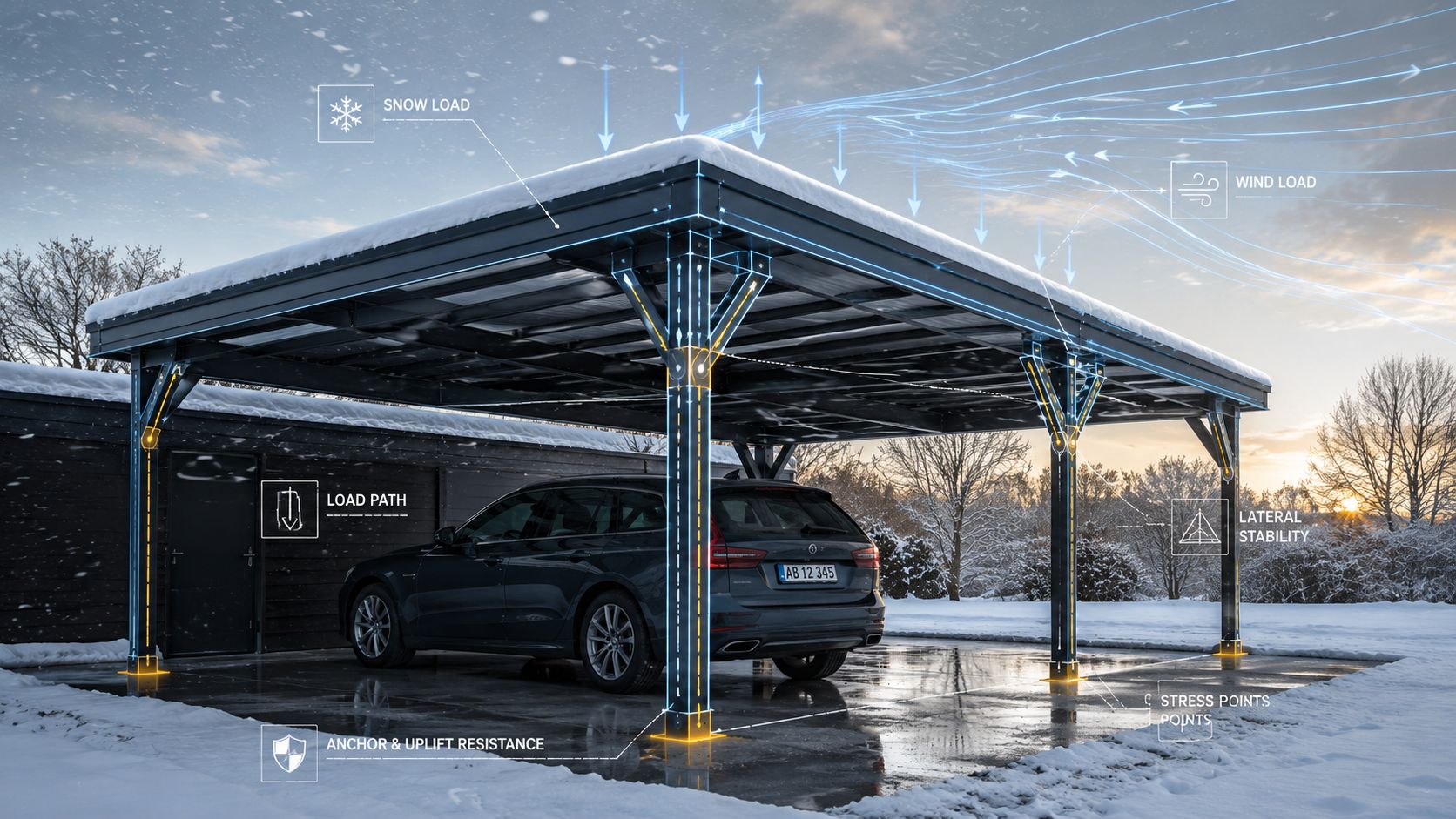 En moderne carport konstruktion under snefald med grafiske illustrationer af snebelastning, vindbelastning og bærende strukturelle belastningspunkter.