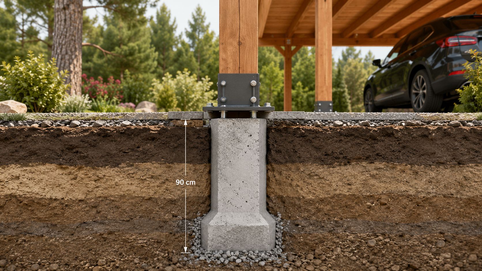 Tværsnit af en carportfundamentkonstruktion med betonpiller og stolpesko gravet 90 cm ned i jorden.