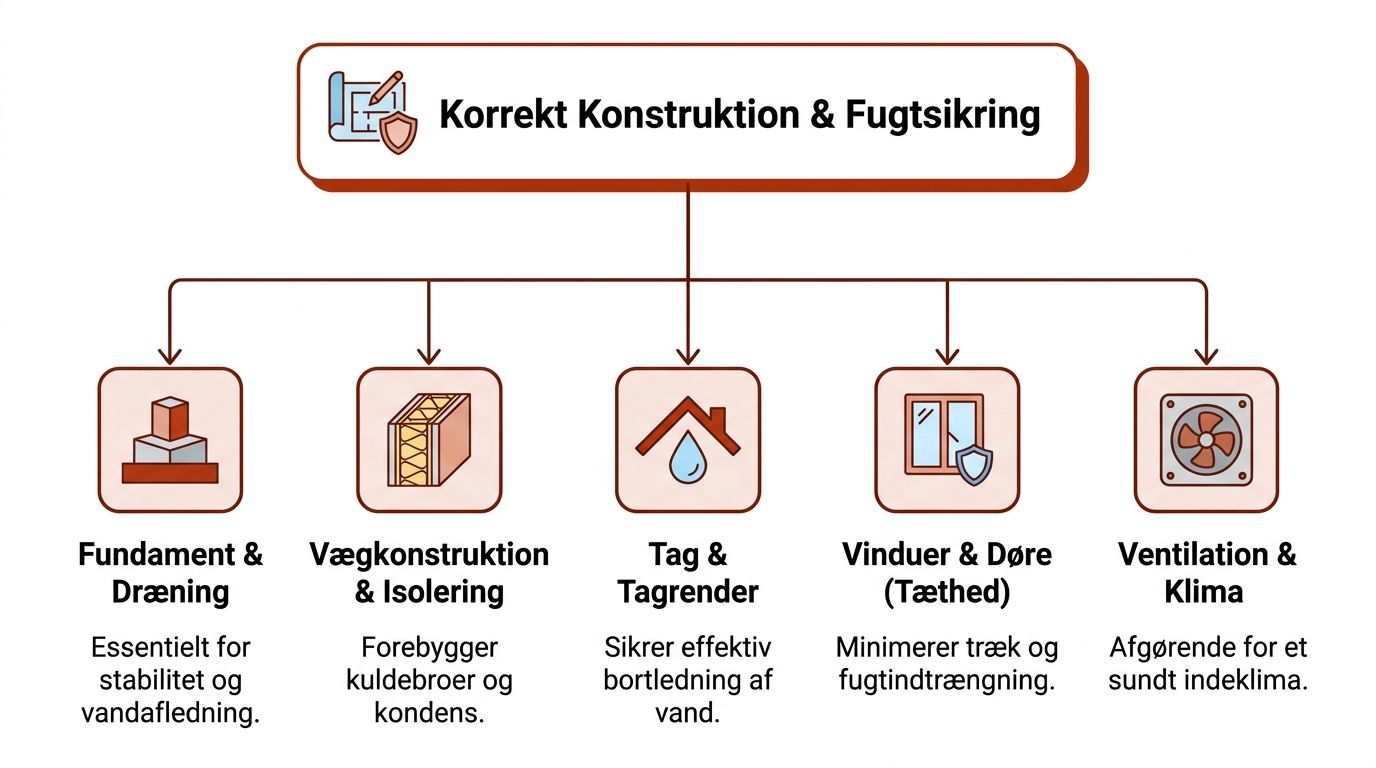 En infografik der viser fem vigtige områder for korrekt konstruktion og fugtsikring af en bygning.