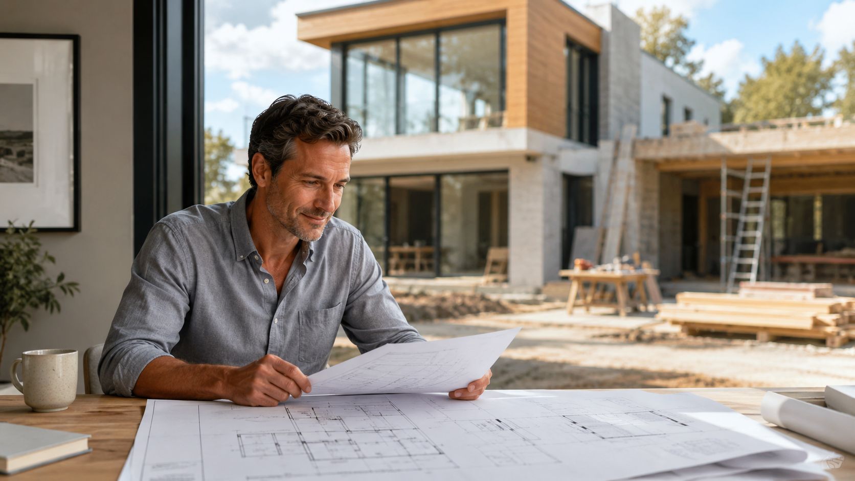 Arkitekt sidder ved et skrivebord og studerer plantegninger foran et hus under renovering.