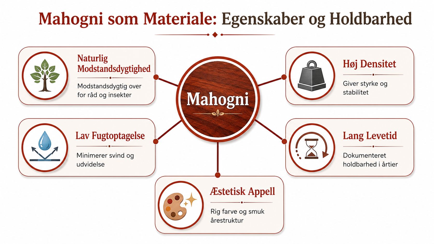 En infografik der viser fordelene ved mahogni som materiale til døre og vinduer, herunder holdbarhed og æstetik.
