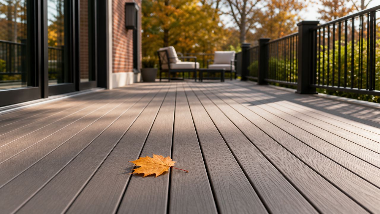 Et enkelt gult efterårsblad ligger på et smukt moderne terrassegulv af kompositmateriale ved en husvæg.